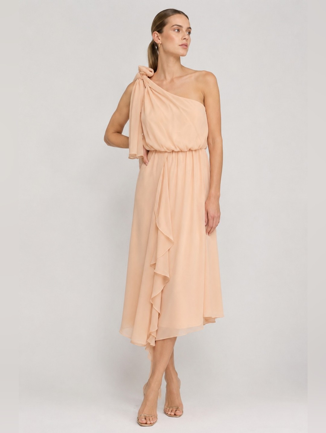 Adam Lippes One-Shoulder Peach Chiffon Midi Dress Size 2 Nwt